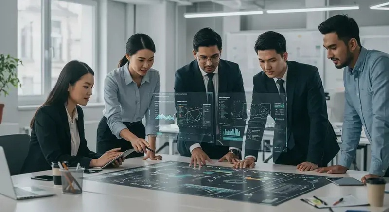 一群多元化的商業專業人士圍繞數字界面進行協作，展現了平民開發者如何使用無代碼/低代碼工具構建應用程序。該圖片旨在展現無障礙環境和團隊合作精神。